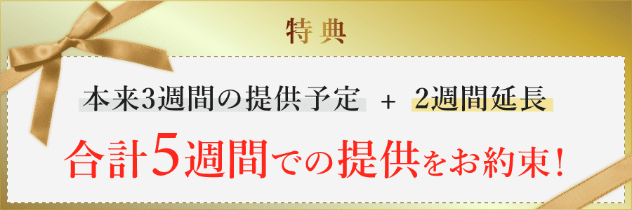 特典:
				本来3週間の提供予定をプラス2週間延長し合計5週間での提供をお約束します！